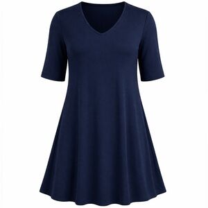 Eileen Fisher Size M Jersey Short Dress Long Tunic Short Sleeve V-Neck Blue